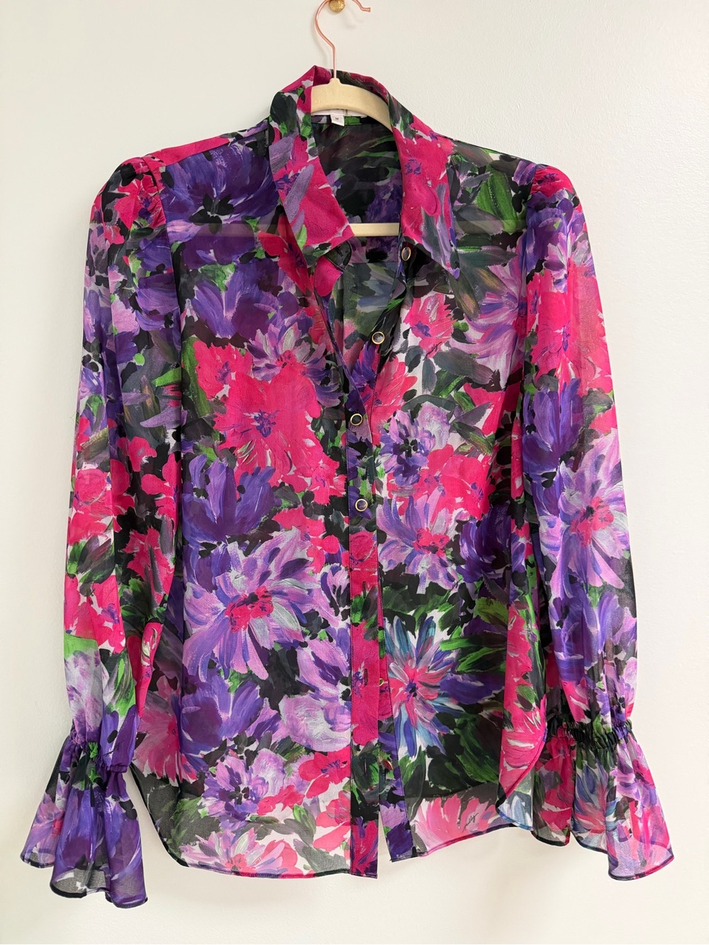 Milly Sheer Floral Button-Front Blouse in Fuchsia and Purple